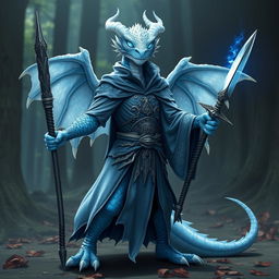 A mystical albino blue dragon humanoid wizard, designed as a Dungeons and Dragons player character, standing confidently with a magical staff in one hand and a sharp dagger in the other