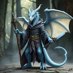 A mystical albino blue dragon humanoid wizard, designed as a Dungeons and Dragons player character, standing confidently with a magical staff in one hand and a sharp dagger in the other