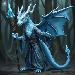 A mystical albino blue dragon humanoid wizard, designed as a Dungeons and Dragons player character, standing confidently with a magical staff in one hand and a sharp dagger in the other