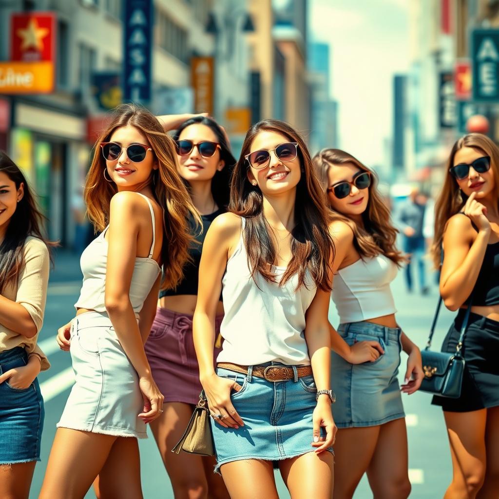 A group of attractive women wearing short skirts, each with a confident and alluring pose