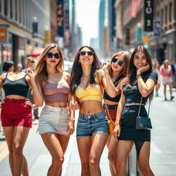 A group of attractive women wearing short skirts, each with a confident and alluring pose