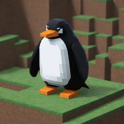 A square pixel art penguin in a Minecraft style environment.