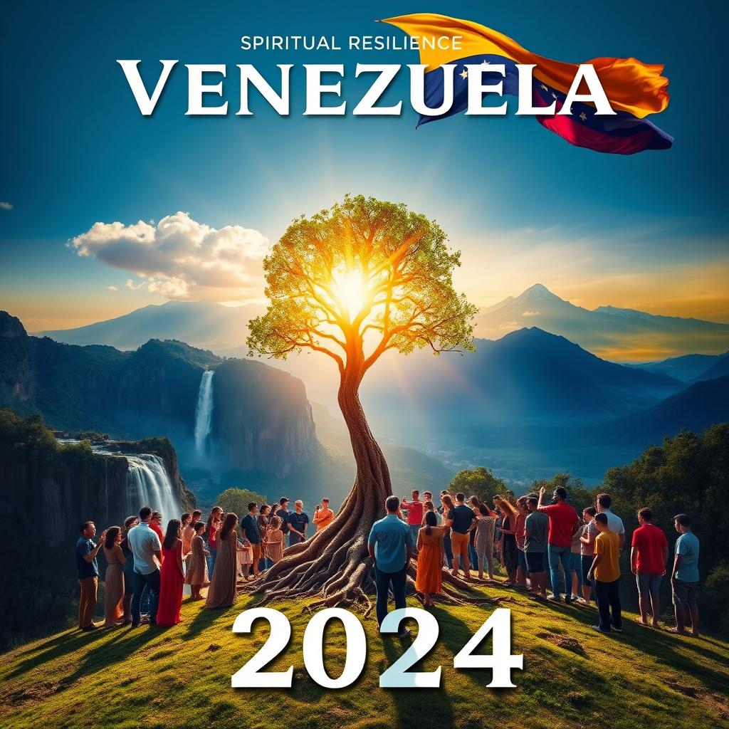 A powerful and optimistic image representing spiritual resilience in Venezuela for the year 2024 with the Venezuelan flag as a striking backdrop