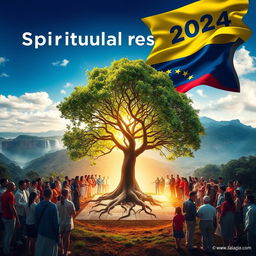 A powerful and optimistic image representing spiritual resilience in Venezuela for the year 2024 with the Venezuelan flag as a striking backdrop