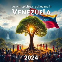 A powerful and optimistic image representing spiritual resilience in Venezuela for the year 2024 with the Venezuelan flag as a striking backdrop