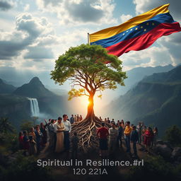 A powerful and optimistic image representing spiritual resilience in Venezuela for the year 2024 with the Venezuelan flag as a striking backdrop