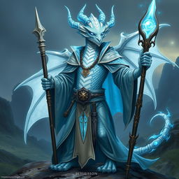 A majestic albino blue draconid wizard from Dungeons and Dragons, standing proudly with a mystical staff in hand and a dagger sheathed at its waist