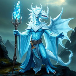 A majestic albino blue draconid wizard from Dungeons and Dragons, standing proudly with a mystical staff in hand and a dagger sheathed at its waist