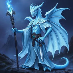 A majestic albino blue draconid wizard from Dungeons and Dragons, standing proudly with a mystical staff in hand and a dagger sheathed at its waist