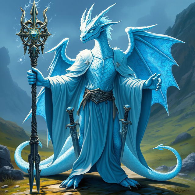 A majestic albino blue draconid wizard from Dungeons and Dragons, standing proudly with a mystical staff in hand and a dagger sheathed at its waist