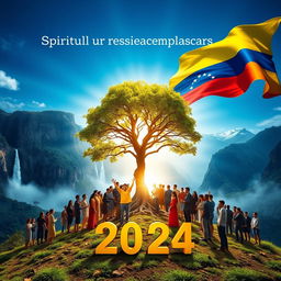 A powerful and optimistic image representing spiritual resilience in Venezuela for the year 2024 with the Venezuelan flag as a striking backdrop