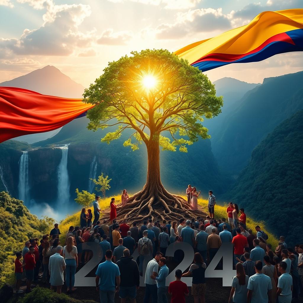 A powerful and optimistic image representing spiritual resilience in Venezuela for the year 2024 with the Venezuelan flag as a striking backdrop