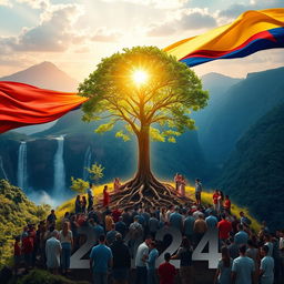 A powerful and optimistic image representing spiritual resilience in Venezuela for the year 2024 with the Venezuelan flag as a striking backdrop