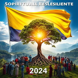 A powerful and optimistic image representing spiritual resilience in Venezuela for the year 2024 with the Venezuelan flag as a striking backdrop