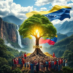 A powerful and optimistic image representing spiritual resilience in Venezuela for the year 2024 with the Venezuelan flag as a striking backdrop