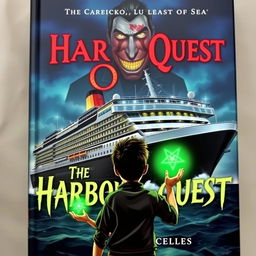 Book cover for "The Harbour Quest" featuring a dark and sinister cruise ship lost at sea