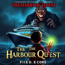 Book cover for "The Harbour Quest" featuring a dark and sinister cruise ship lost at sea