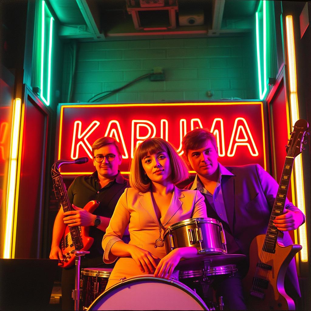 An 80's cinema-style poster featuring a jazz band with five members, one of whom is a short-haired woman