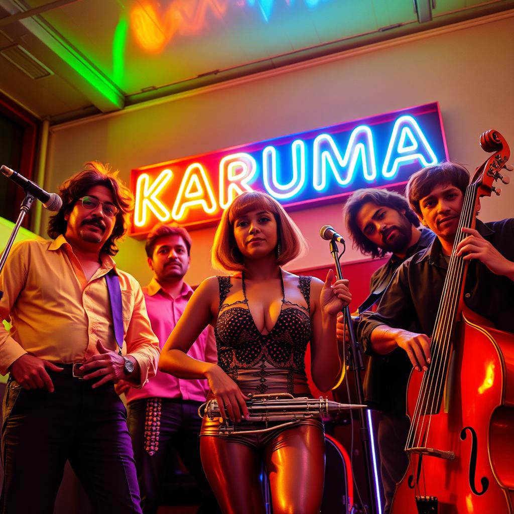 An 80's cinema-style poster featuring a jazz band with five members, one of whom is a short-haired woman