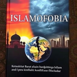 The book cover features a dramatic juxtaposition: on one side, a stylized depiction of traditional Islamic architecture such as a mosque silhouette at sunset, symbolizing the rise of Islam