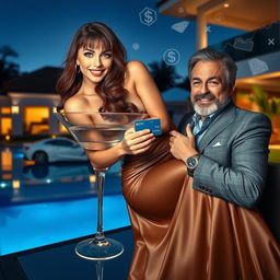 A full-body shot of a stunning 25-year-old woman lounging inside a cocktail glass, with a very sweet, angelic smile, featuring a voluptuous body, cascading ash brown wavy hair reaching down to her lower back with bangs, long eyelashes, captivating blue eyes, and an alluring upturned nose