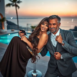 A full-body shot of a stunning 25-year-old woman lounging inside a cocktail glass, with a very sweet, angelic smile, featuring a voluptuous body, cascading ash brown wavy hair reaching down to her lower back with bangs, long eyelashes, captivating blue eyes, and an alluring upturned nose