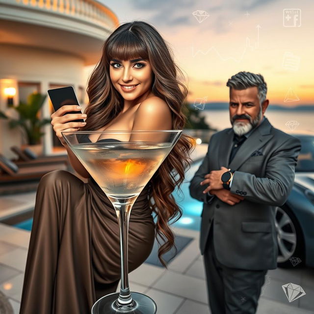 A full-body shot of a stunning 25-year-old woman lounging inside a cocktail glass, with a very sweet, angelic smile, featuring a voluptuous body, cascading ash brown wavy hair reaching down to her lower back with bangs, long eyelashes, captivating blue eyes, and an alluring upturned nose