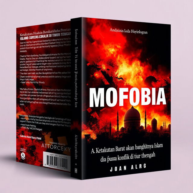 A captivating and thought-provoking book cover design for a book titled "ISLAMOFOBIA: Ketakutan Barat Akan Bangkitnya Islam dan Pusara Konflik di Timur Tengah