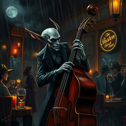 Nosferatu, the eerie vampire with elongated features and pointy ears, passionately playing an upright bass in a dim, atmospheric jazz club