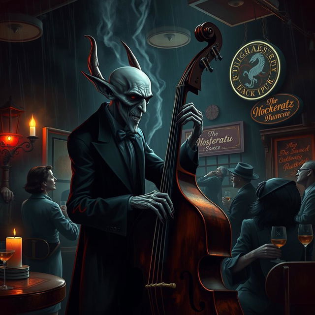 Nosferatu, the eerie vampire with elongated features and pointy ears, passionately playing an upright bass in a dim, atmospheric jazz club