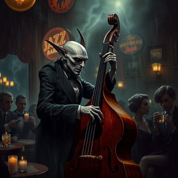 Nosferatu, the eerie vampire with elongated features and pointy ears, passionately playing an upright bass in a dim, atmospheric jazz club