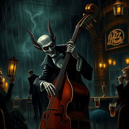 Nosferatu, the eerie vampire with elongated features and pointy ears, passionately playing an upright bass in a dim, atmospheric jazz club