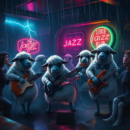 A group of anthropomorphic sheep, fluffy and expressive, energetically playing rock music in a dim, atmospheric jazz club