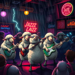 A group of anthropomorphic sheep, fluffy and expressive, energetically playing rock music in a dim, atmospheric jazz club