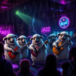 A group of anthropomorphic sheep, fluffy and expressive, energetically playing rock music in a dim, atmospheric jazz club