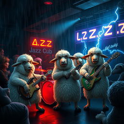 A group of anthropomorphic sheep, fluffy and expressive, energetically playing rock music in a dim, atmospheric jazz club