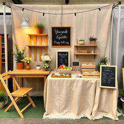 A cozy and eco-friendly stand setup with birch or pine folding tables, including one main table of 120 cm x 60 cm x 75 cm (height) and two auxiliary tables of 90 cm x 45 cm x 75 cm (height)