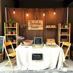 A cozy and eco-friendly stand setup with birch or pine folding tables, including one main table of 120 cm x 60 cm x 75 cm (height) and two auxiliary tables of 90 cm x 45 cm x 75 cm (height)