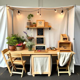 A cozy and eco-friendly stand setup with birch or pine folding tables, including one main table of 120 cm x 60 cm x 75 cm (height) and two auxiliary tables of 90 cm x 45 cm x 75 cm (height)