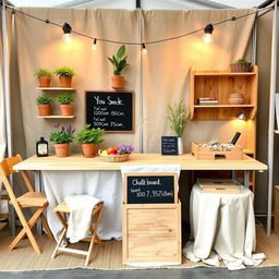 A cozy and eco-friendly stand setup with birch or pine folding tables, including one main table of 120 cm x 60 cm x 75 cm (height) and two auxiliary tables of 90 cm x 45 cm x 75 cm (height)