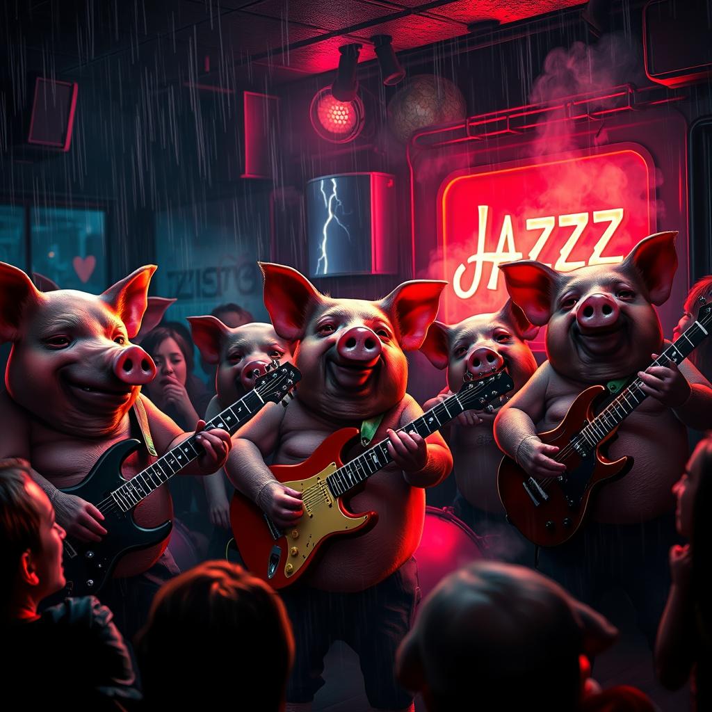 A hyper-realistic scene of pigs with detailed textures and expressions, energetically playing rock music in a dark and stormy jazz club