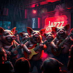 A hyper-realistic scene of pigs with detailed textures and expressions, energetically playing rock music in a dark and stormy jazz club