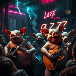 A hyper-realistic scene of pigs with detailed textures and expressions, energetically playing rock music in a dark and stormy jazz club