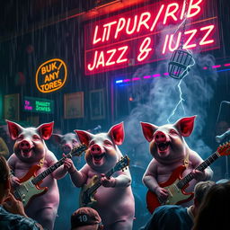 A hyper-realistic scene of pigs with detailed textures and expressions, energetically playing rock music in a dark and stormy jazz club