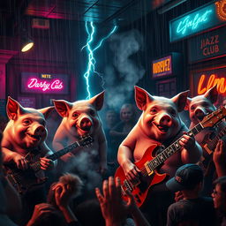 A hyper-realistic scene of pigs with detailed textures and expressions, energetically playing rock music in a dark and stormy jazz club