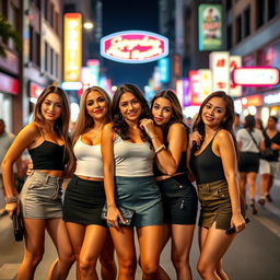 A group of attractive women wearing short skirts, each with a confident and alluring pose