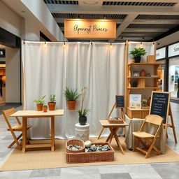 An open-concept, eco-friendly stand setup for an indoor shopping mall environment