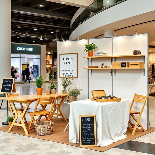 An open-concept, eco-friendly stand setup for an indoor shopping mall environment