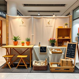 An open-concept, eco-friendly stand setup for an indoor shopping mall environment