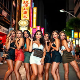 A group of attractive women wearing short skirts, each with a confident and alluring pose